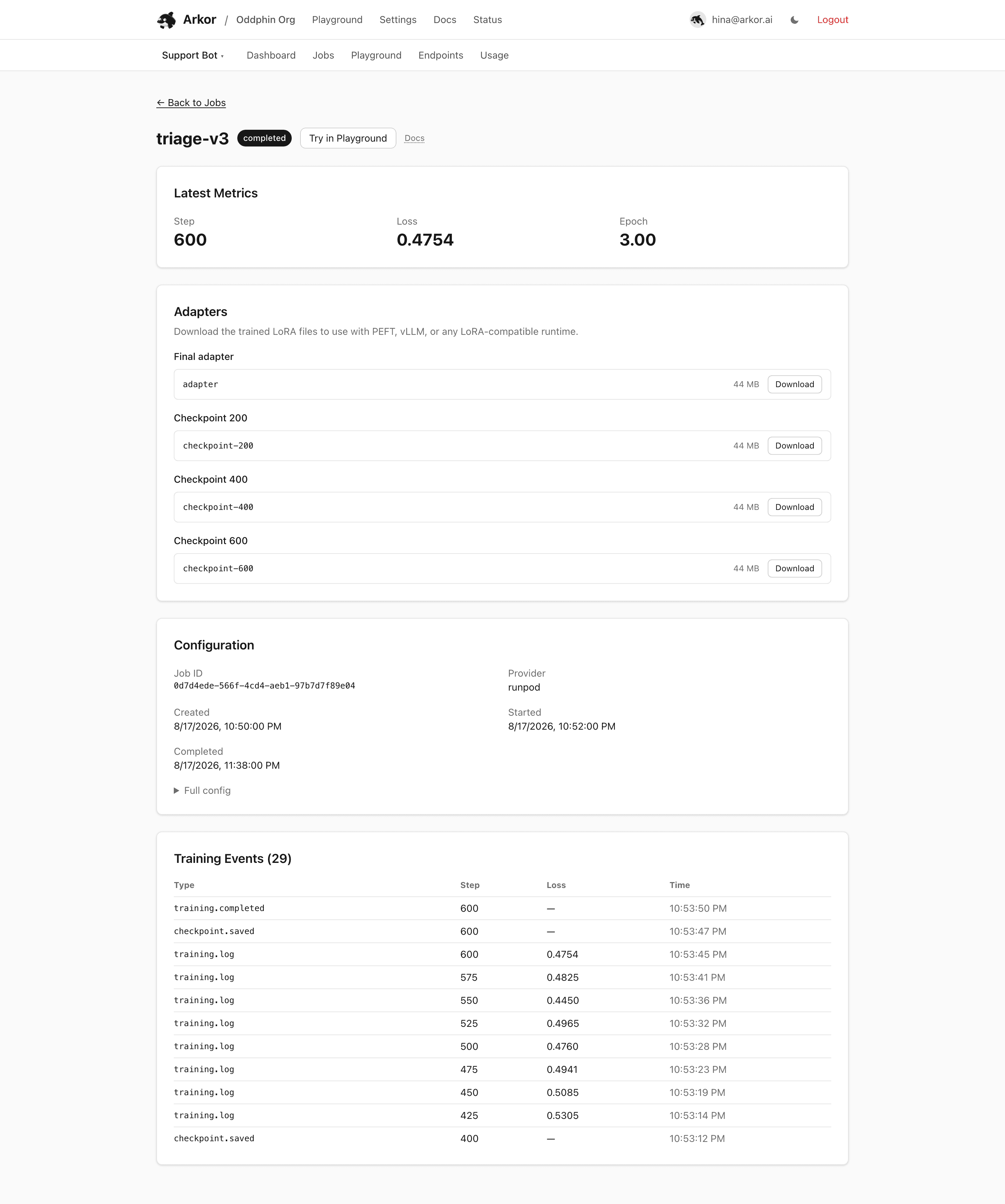 A completed job's detail page with metrics and the event log