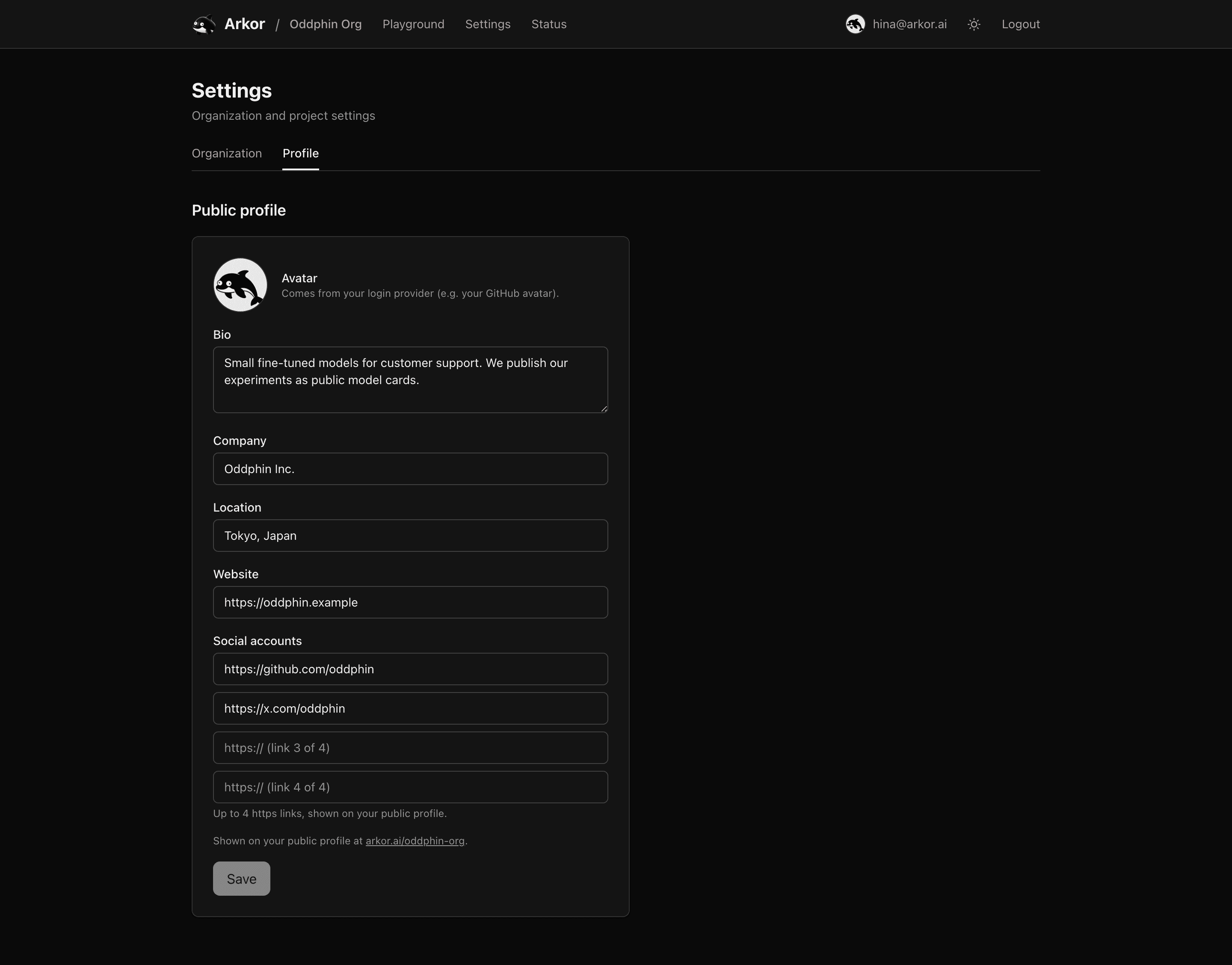 The Profile tab in Settings with bio, company, location, website, and social accounts