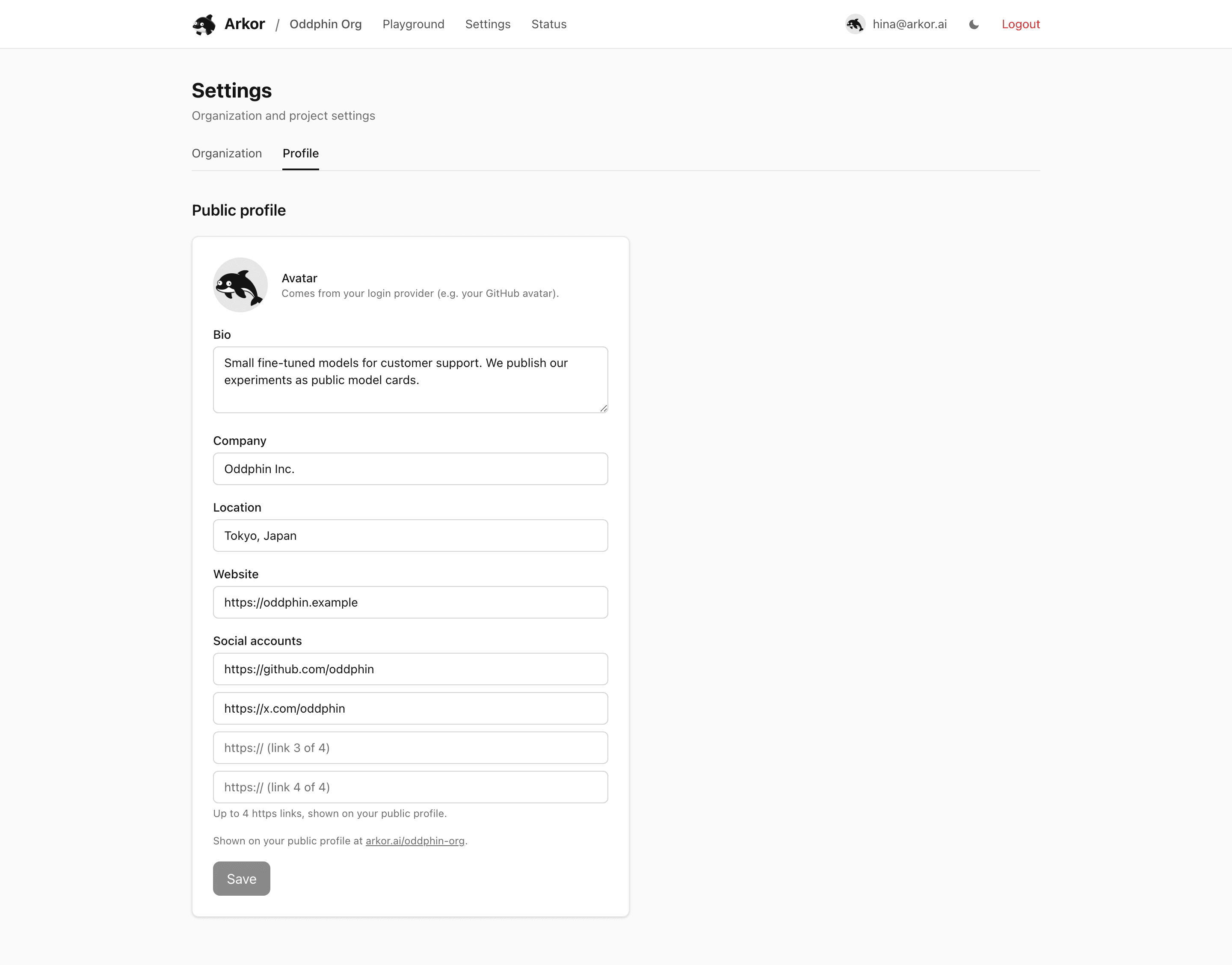 The Profile tab in Settings with bio, company, location, website, and social accounts