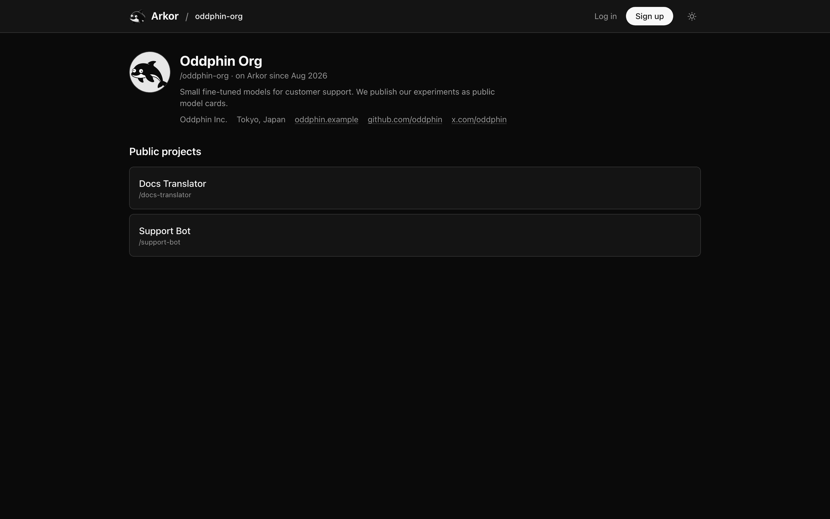 A public organization profile with avatar, bio, company, location, and links, above its public projects