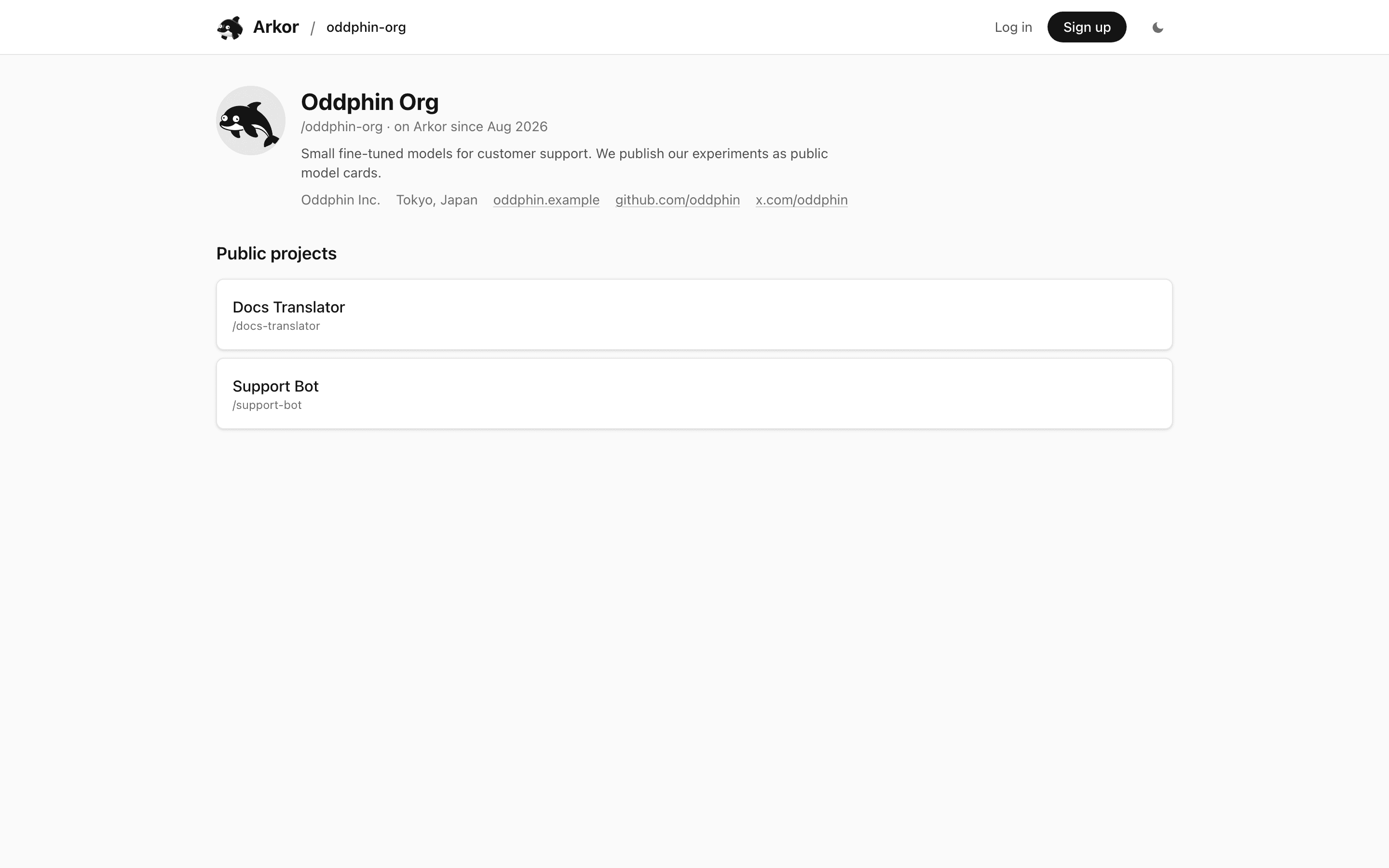 A public organization profile with avatar, bio, company, location, and links, above its public projects