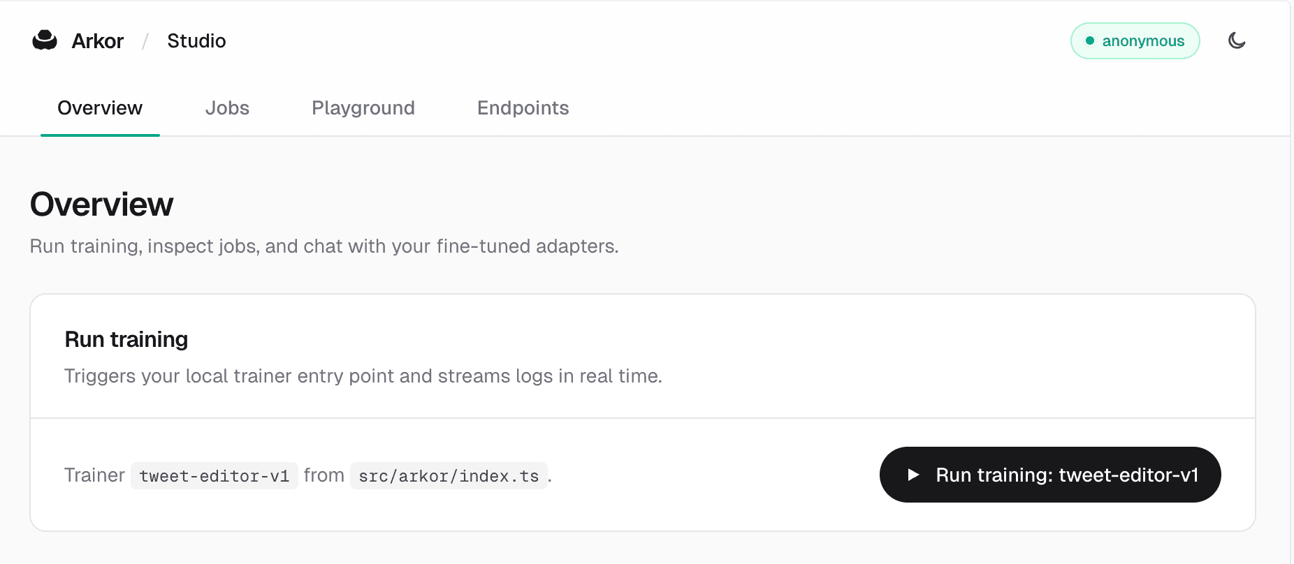 Arkor Studio's Overview page with the Run training card showing the detected trainer tweet-editor-v1