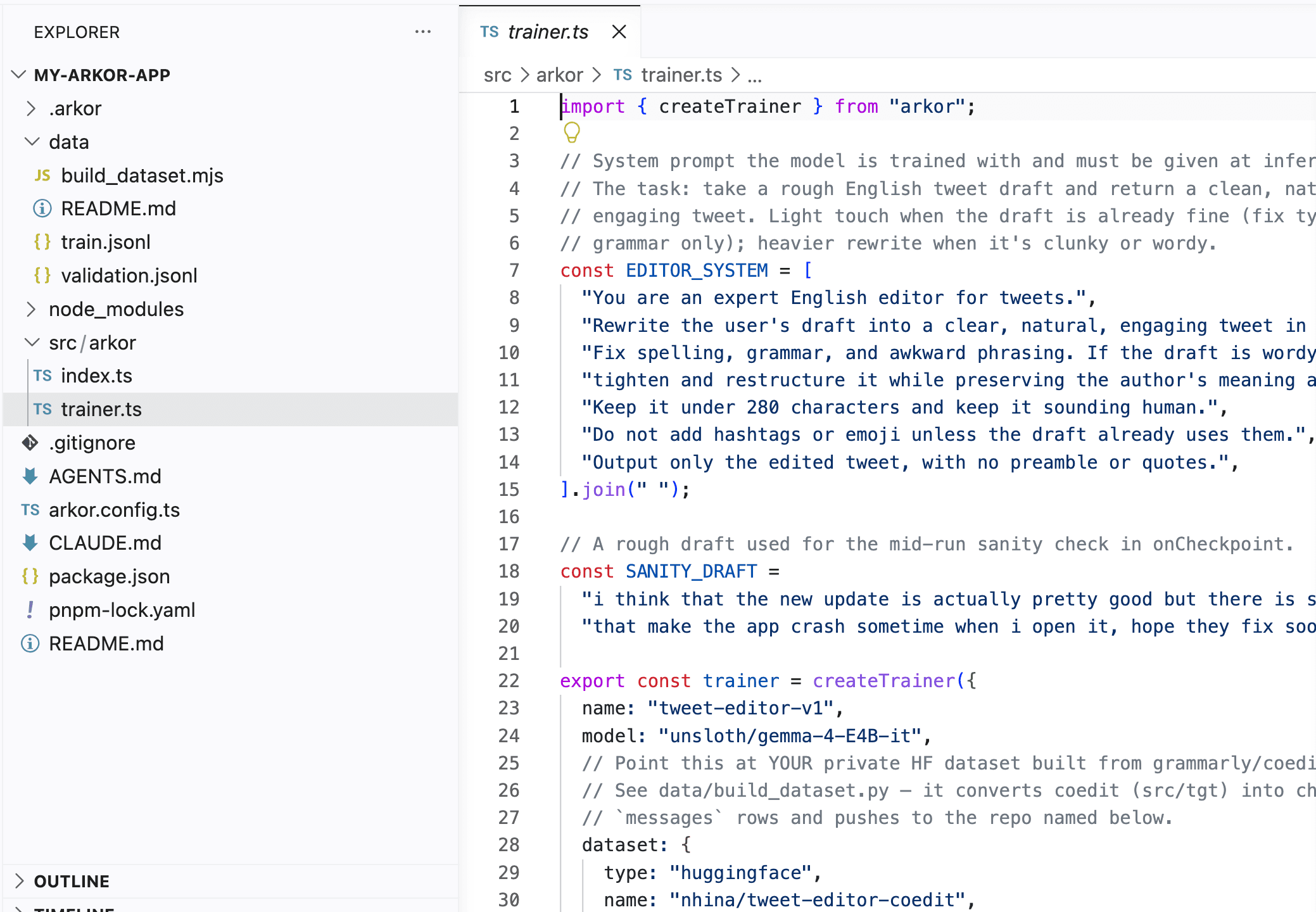 TypeScript Arkor training project showing dataset files and trainer.ts in VS Code