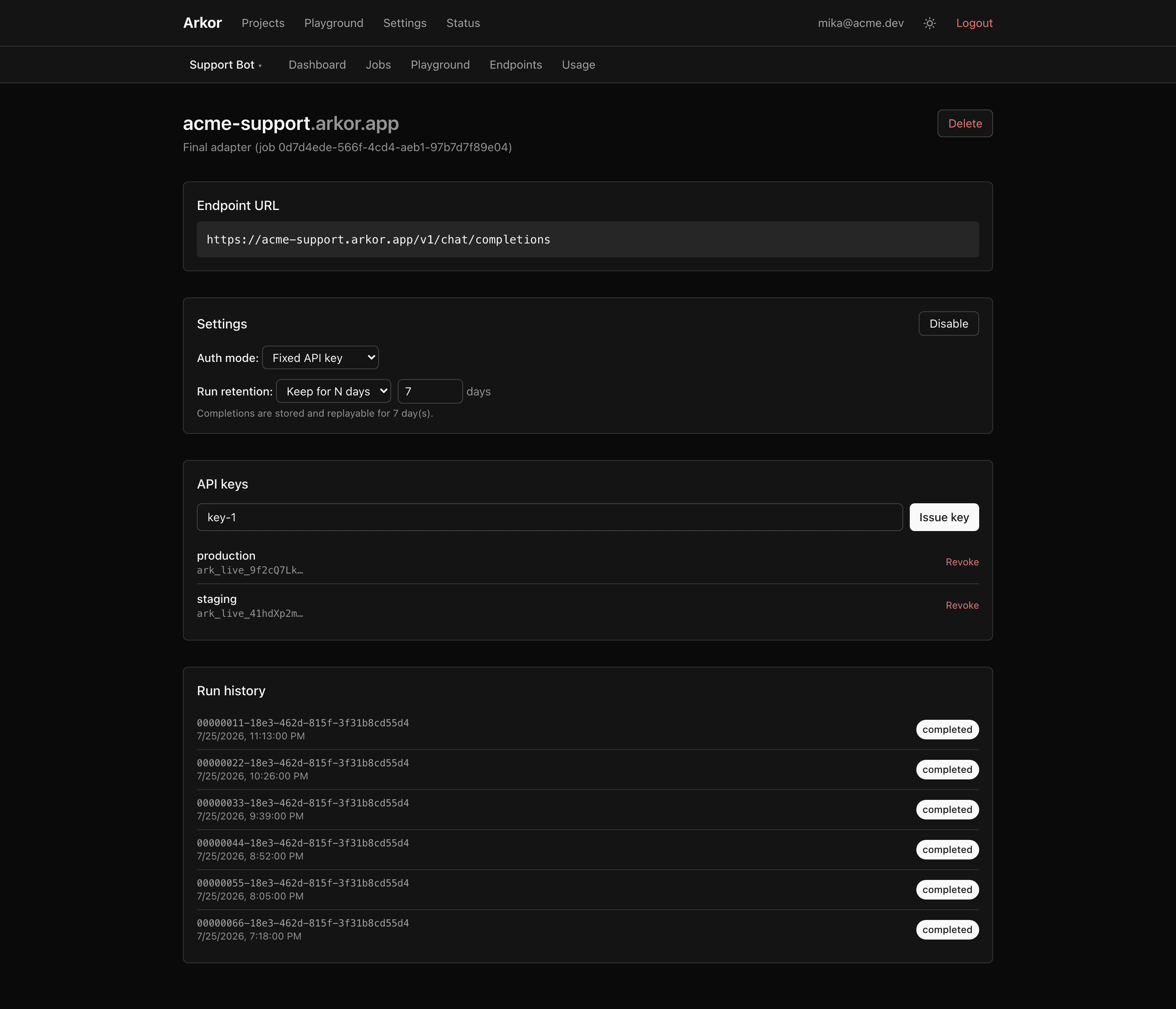 An endpoint's detail page with its URL, settings, API keys, and run history