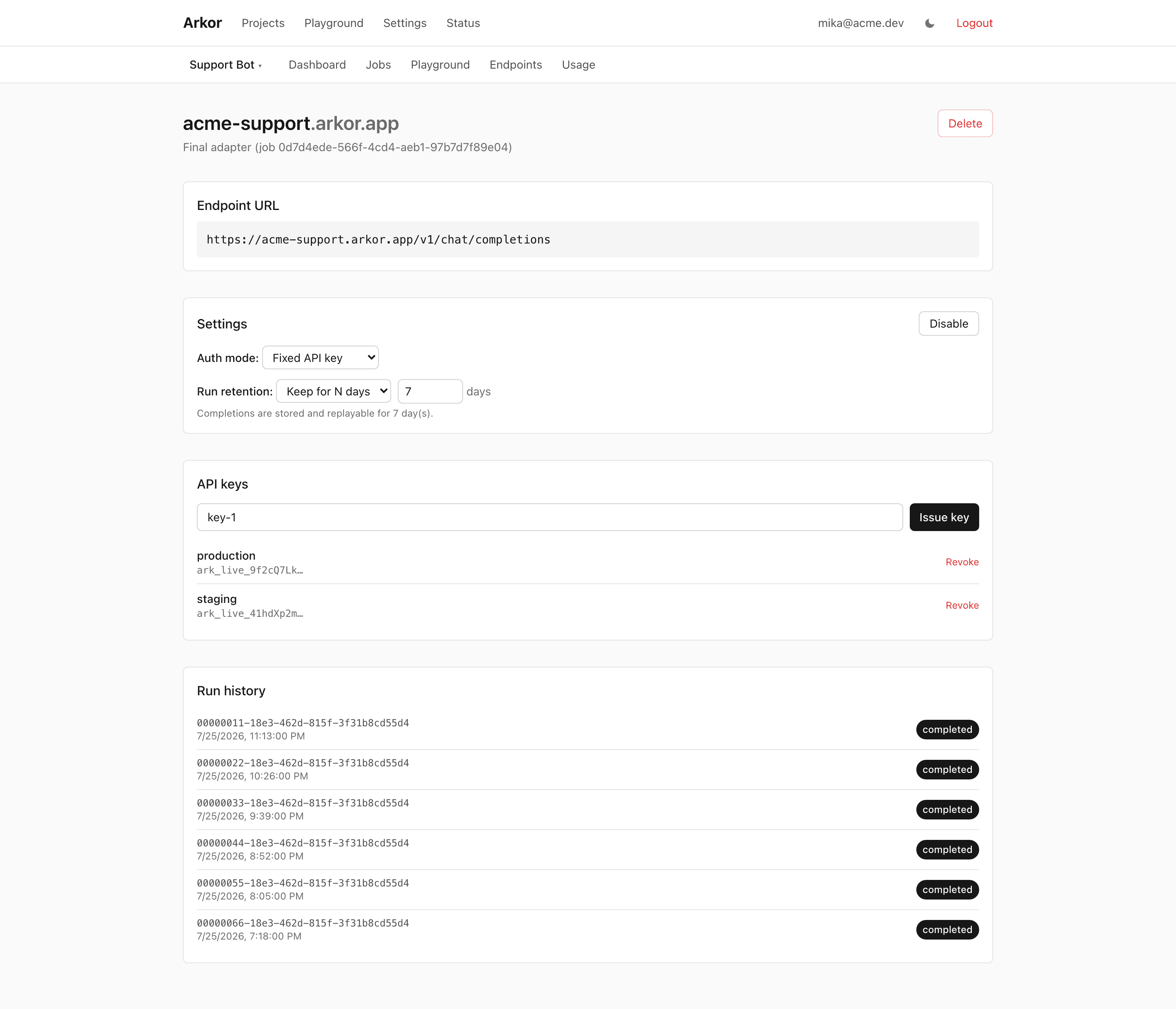 An endpoint's detail page with its URL, settings, API keys, and run history