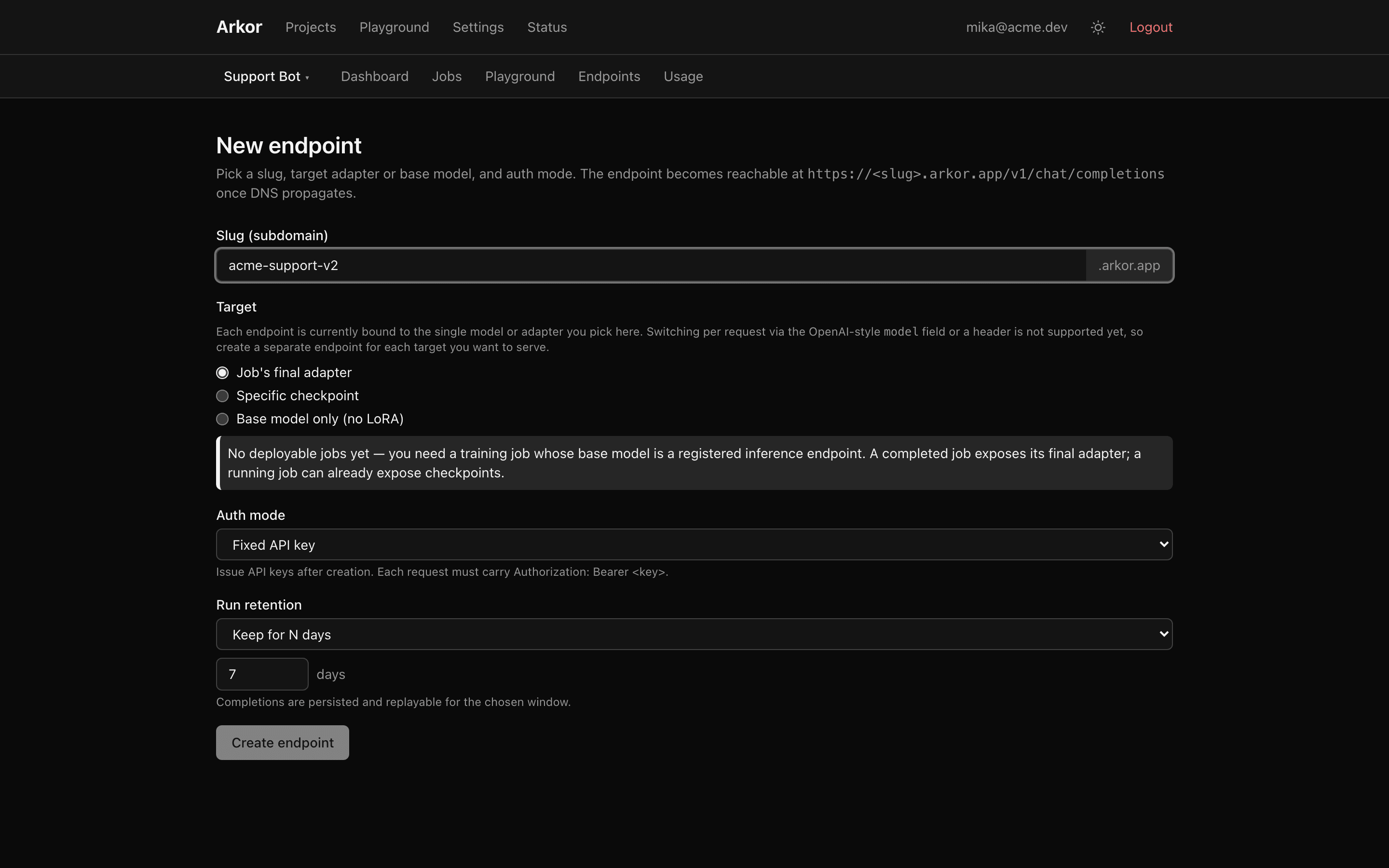 The new endpoint form