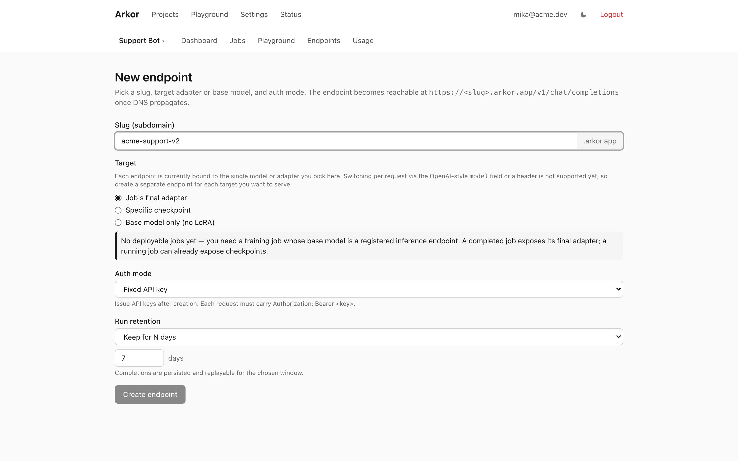 The new endpoint form