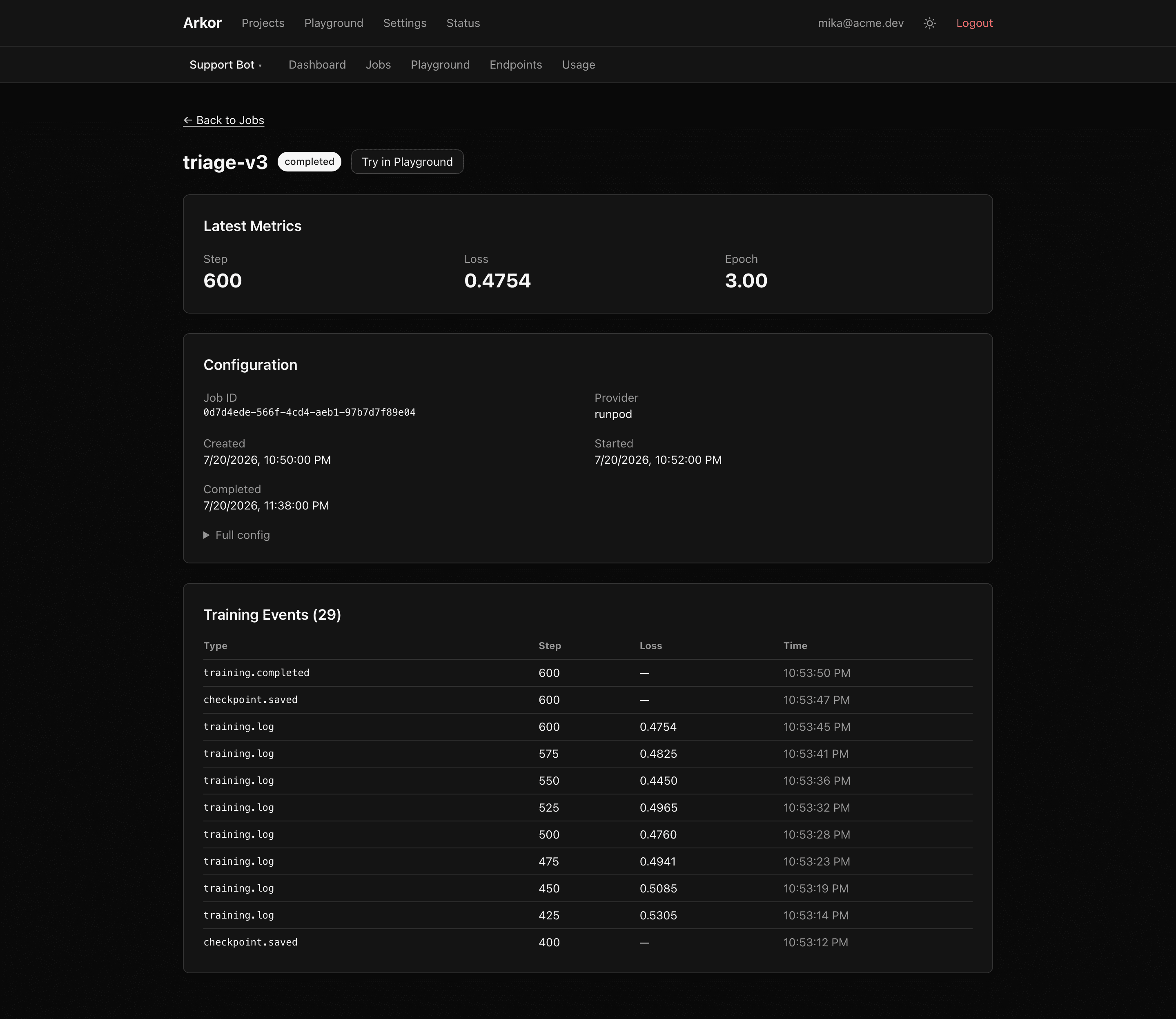 A completed job's detail page with metrics and the event log