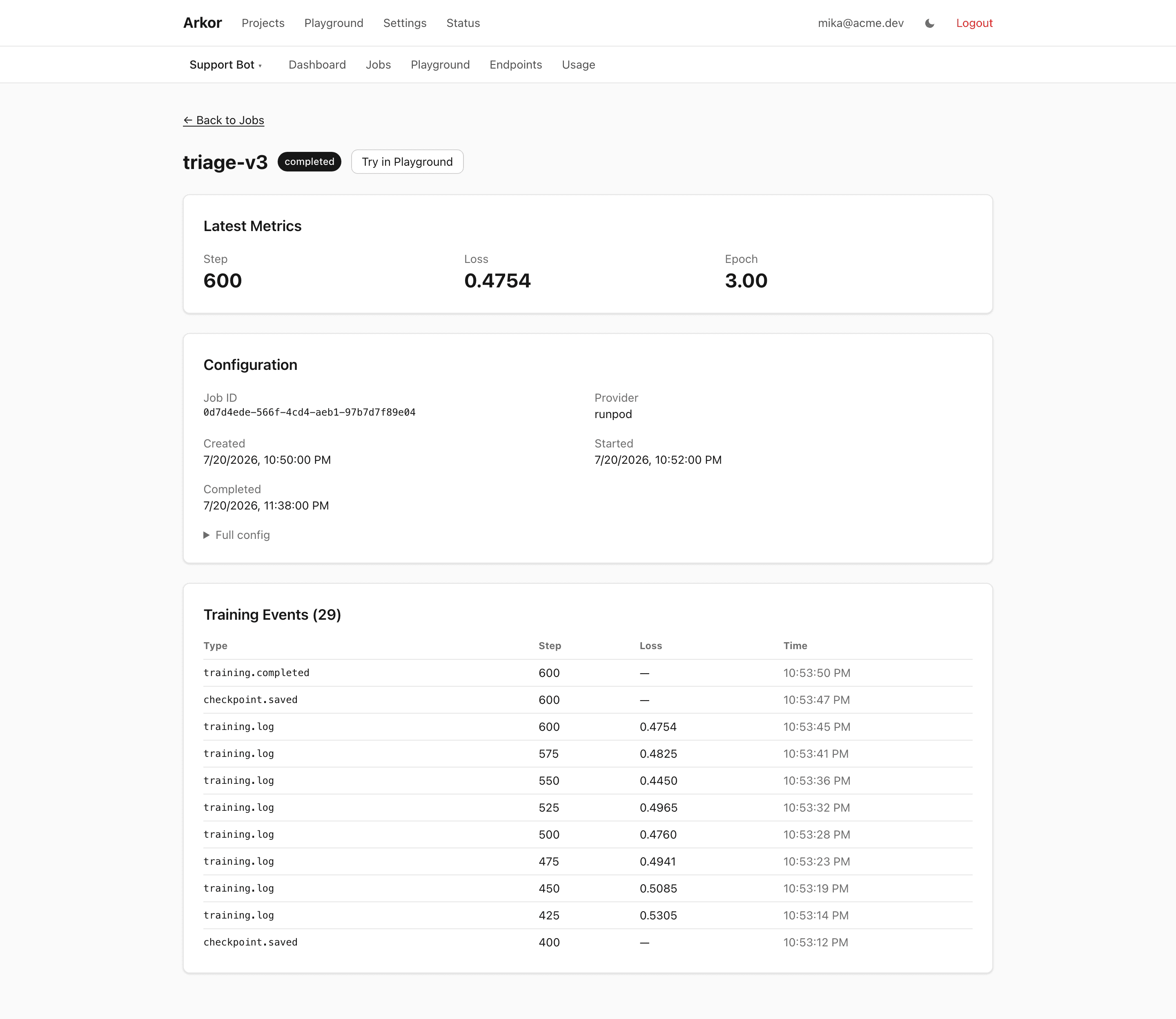 A completed job's detail page with metrics and the event log