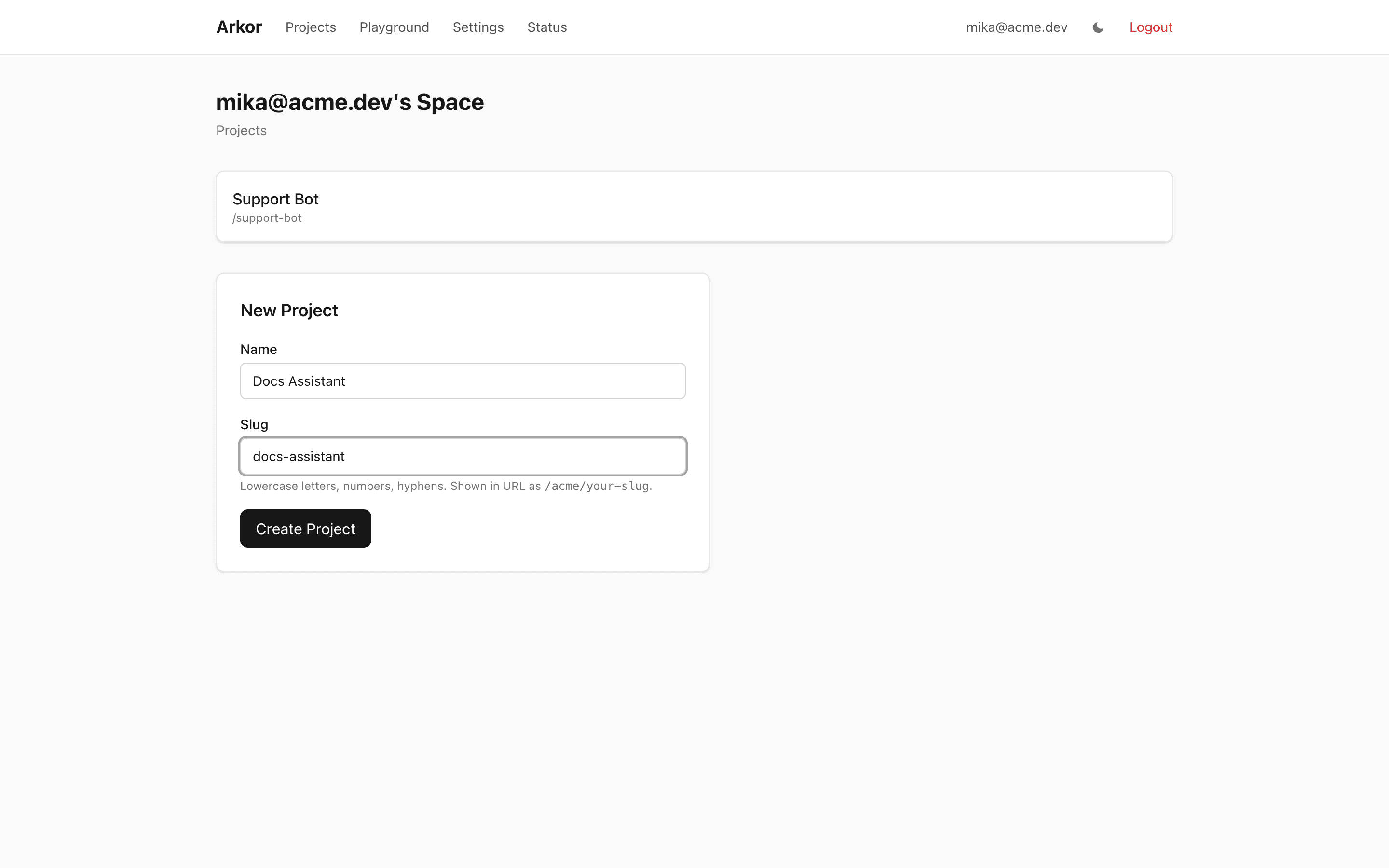 The organization page with the project list