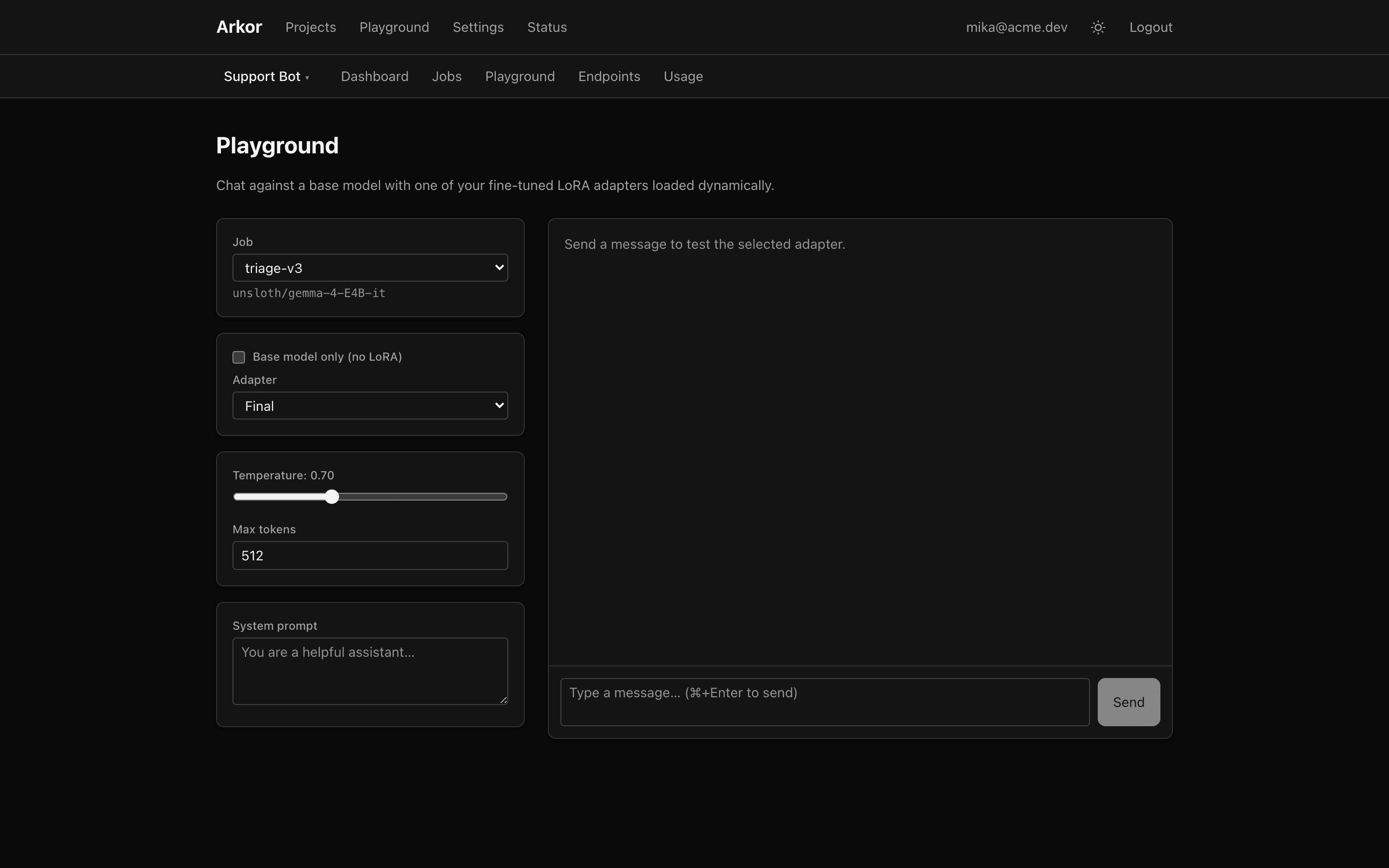 The project playground with the adapter picker