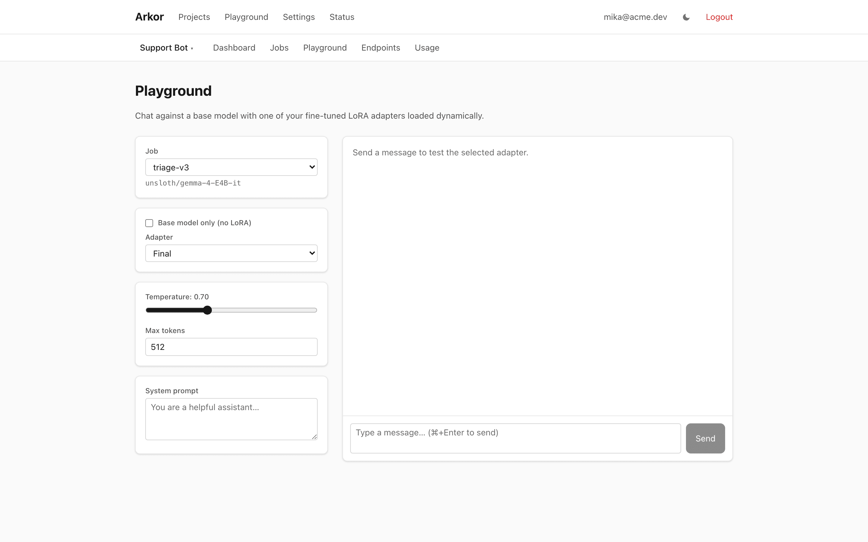 The project playground with the adapter picker