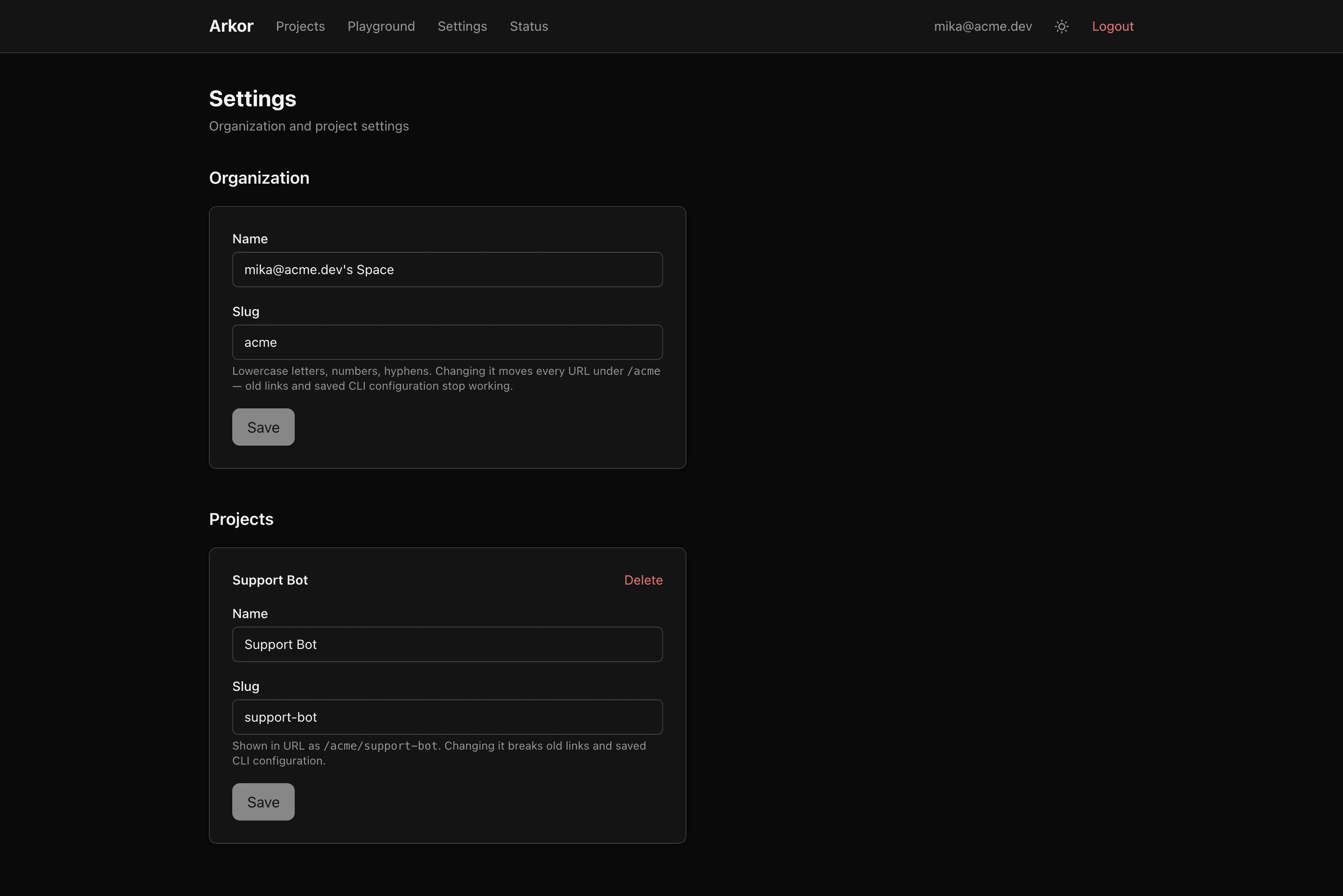 The organization settings page