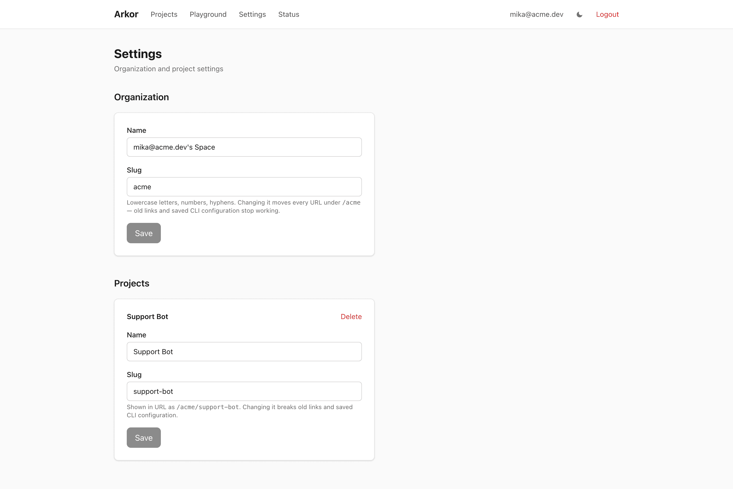 The organization settings page
